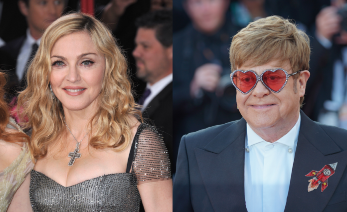 Madonna in 2012; Elton John in 2019