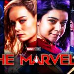 The Marvels logo, Nick Fury, Carol Danvers, Ms Marvel, Monica Rambeau