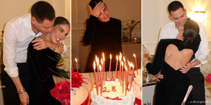 Giulia De Lellis festeggia 28 anni, il party di compleanno con tre torte e i baci passionali al fidanzato Carlo Beretta: foto