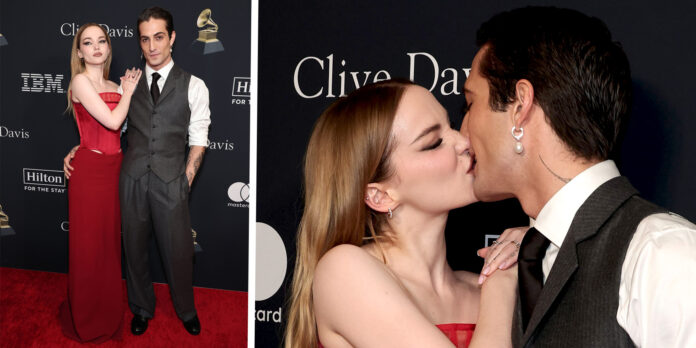 Damiano David dei Maneskin bacia la nuova fidanzata sul red carpet: prima uscita ufficiale con Dove Cameron ai Grammys, foto