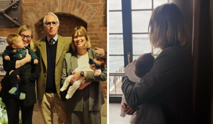 Federica Pellegrini a 50 giorni dal parto torna a lavorare ma non si stacca dalla figlia Matilde, a Venezia porta anche la neonata: foto