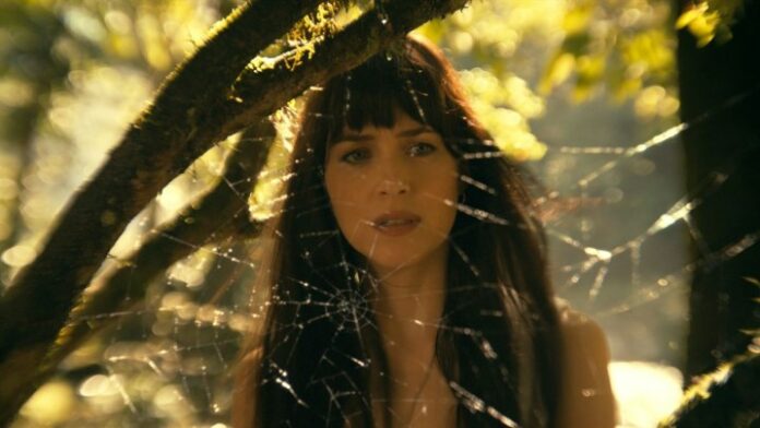 Dakota Johnson guarda attraverso una ragnatela in un'immagine di Madame Web