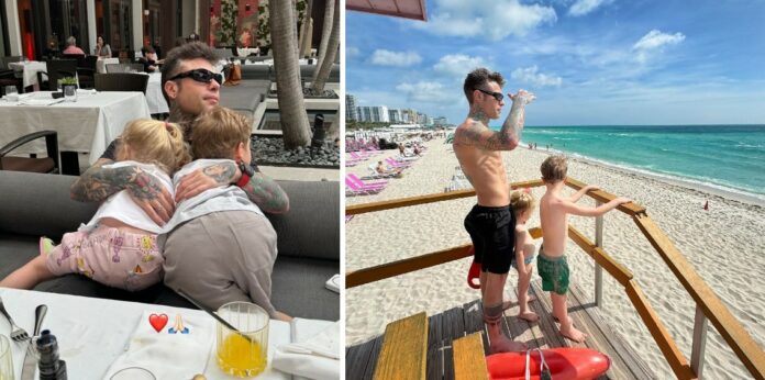 Fedez è volato a Miami con i figli Leone e Vittoria, la prima vacanza da papà single dopo la rottura con la Ferragni: guarda