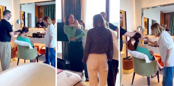 ''Sul set con la persona più speciale di tutti'': Miriam Leone a tre mesi dal parto torna al lavoro portando con sé il figlio neonato, foto