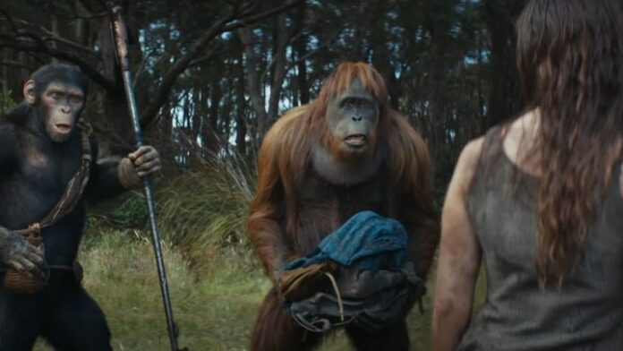 Noa e Raka affrontano Mae in una scena del film Il regno del pianeta delle scimmie.