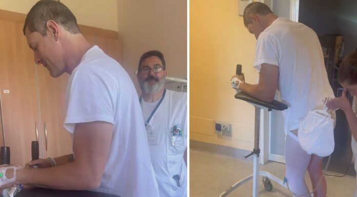 Aldo Montano dopo l'inserimento della protesi all'anca inizia la difficile riabilitazione: le dure immagini dopo l’intervento