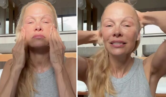 Pamela Anderson si mostra completamente senza trucco mentre fa la morning routine