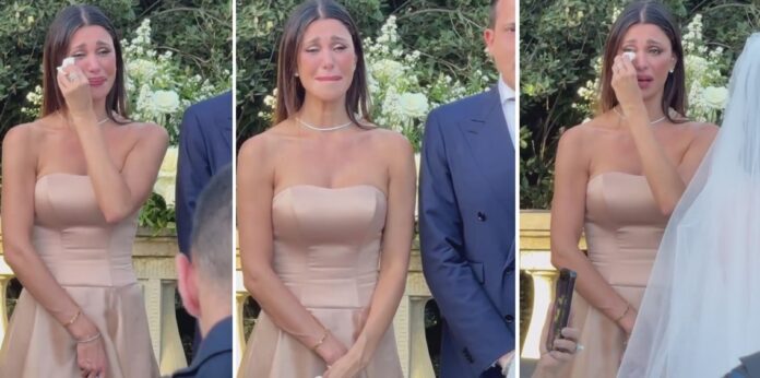 Belen Rodriguez piange come una fontana al matrimonio della sorella Cecilia: le immagini della commozione estrema