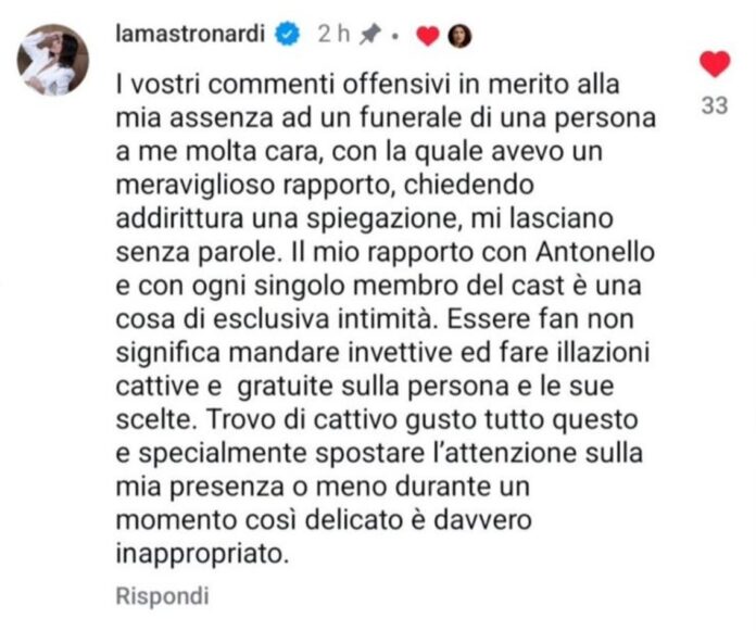 ''Commenti offensivi'': Alessandra Mastronardi replica alle critiche per l'assenza al funerale dell'ex collega Antonello Fassari