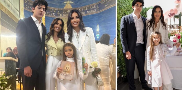 Elisabetta Gregoraci in total white a Roma con il figlio Nathan Falco per la Prima Comunione della nipotina Ginevra: foto